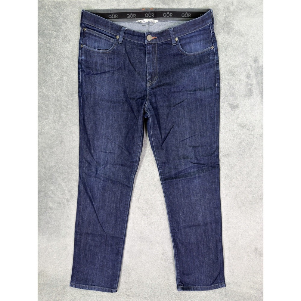 QOR Jeans Mens 36x32 Blue Straight Dark Wash Denim Mid Rise‎ Stretch